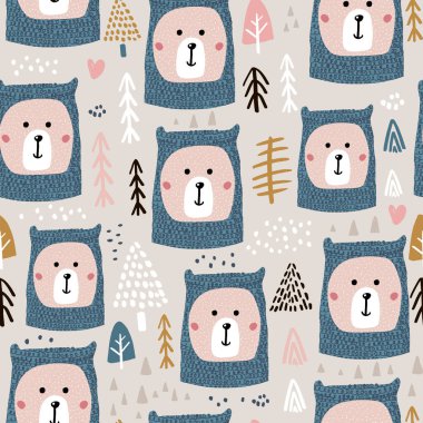 Örgü şapkalı ve orman elementli şirin ayı yüzlü kusursuz desen. Şenlikli kış kumaşı ve tekstil için mükemmel. Vektör arkaplanı.