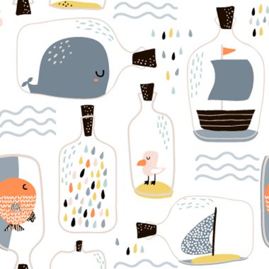 Elle çizilmiş deniz kavanozu ve deniz elementleriyle kusursuz desen. Kumaş, tekstil ve giysi için çocukça bir doku. Vektör arkaplanı