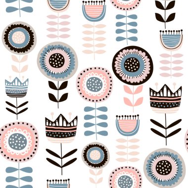 Seamless pattern with decorative flowers in scandinavan style. Creative botanical background. Perfect for kids apparel,fabric, textile, nursery decoration,wrapping paper.Vector Illustration clipart