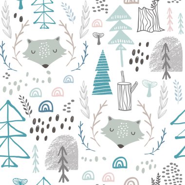Kurt kafalı, kusursuz bir orman deseni. Yaratıcı boy detaylı arka plan. Çocuk kıyafetleri, kumaş, tekstil, çocuk odası dekorasyonu, ambalaj kağıdı için mükemmel.