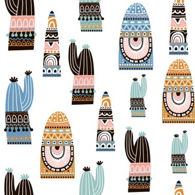 Seamless pattern with cactuse in tribal style. Decorative cactuse background. Vector Illustration clipart