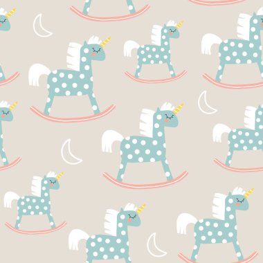 Şirin at oyuncağıyla çocuksu, pürüzsüz bir şekil. Kumaş ve Tekstil Vektörü İllüstrasyonu için harika