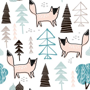 Elle çizilmiş tilkilerle kusursuz orman desenleri. Yaratıcı boy detaylı arka plan. Çocuk kıyafetleri, kumaş, tekstil, çocuk odası dekorasyonu, ambalaj kağıdı için mükemmel.