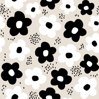 Elle çizilmiş çiçekli pürüzsüz desen. Yaratıcı botanik geçmişi. Çocuk kıyafetleri, kumaş, tekstil, çocuk odası dekorasyonu, ambalaj kağıdı için mükemmel.