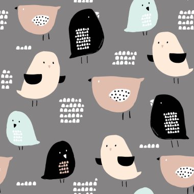 Elle çizilmiş minik kuşlarla kusursuz desen. Moda İskandinav vektör geçmişi. Çocuk kıyafetleri, kumaş, tekstil, çocuk odası dekorasyonu, ambalaj kağıdı için mükemmel.