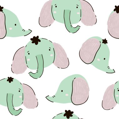 Elle çizilmiş fil kafasıyla kusursuz desen. Yaratıcı çocuksu bir geçmiş. Çocuk kıyafetleri, kumaş, tekstil, çocuk odası dekorasyonu, ambalaj kağıdı için mükemmel.