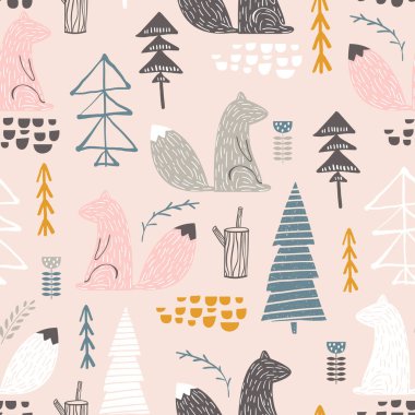 Sincap ve ağaçlarla kusursuz bir düzen. Yaratıcı orman yüksekliği detaylı arka plan. Çocuk kıyafetleri, kumaş, tekstil, çocuk odası dekorasyonu, ambalaj kağıdı için mükemmel.
