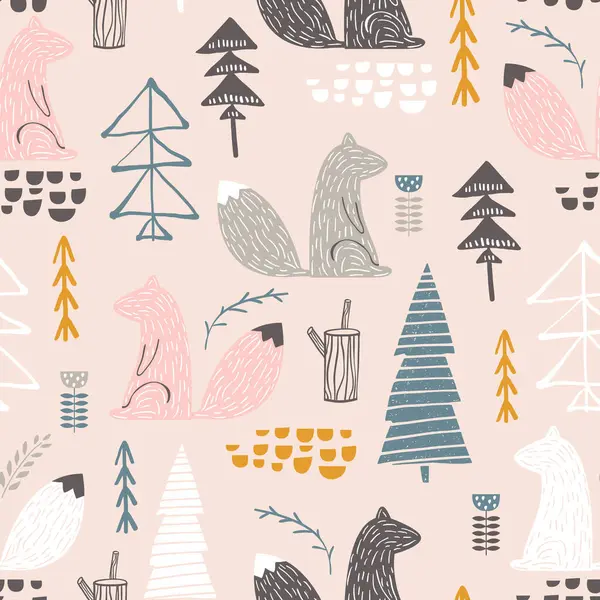 Sincap ve ağaçlarla kusursuz bir düzen. Yaratıcı orman yüksekliği detaylı arka plan. Çocuk kıyafetleri, kumaş, tekstil, çocuk odası dekorasyonu, ambalaj kağıdı için mükemmel.