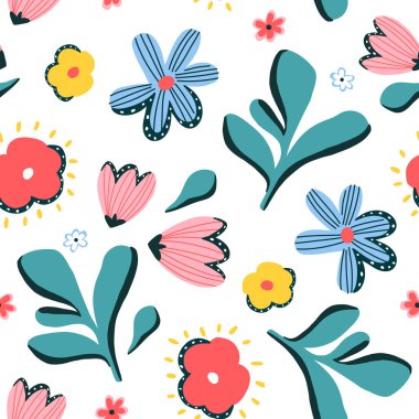 Soyut yaprakları ve çiçekleri olan kusursuz botanik desen. Yaratıcı çiçek geçmişi. Kumaş, duvar kâğıtları, giyim ve tekstil için vektör dokusu.