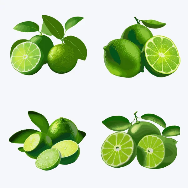 Lime Set Slices Leaves Isolated White Background Vector Illustration — Stock Vector