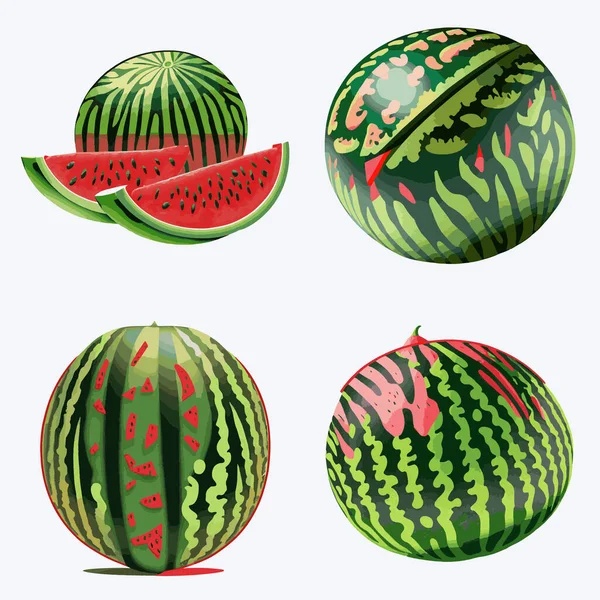 Set Wassermelonen Isoliert Auf Weißem Hintergrund Vektorillustration — Stockvektor