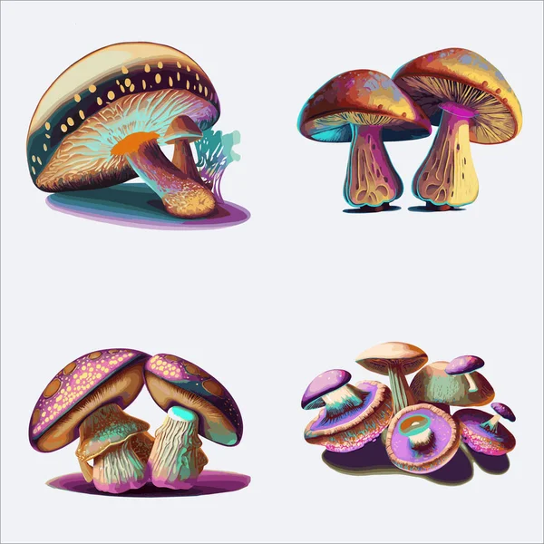 Set Mushrooms Different Colors Vector Illustration Retro Style — Stock Vector