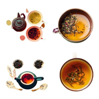 Beyaz arkaplanda izole edilmiş çay fincanları ve çaydanlıklar.