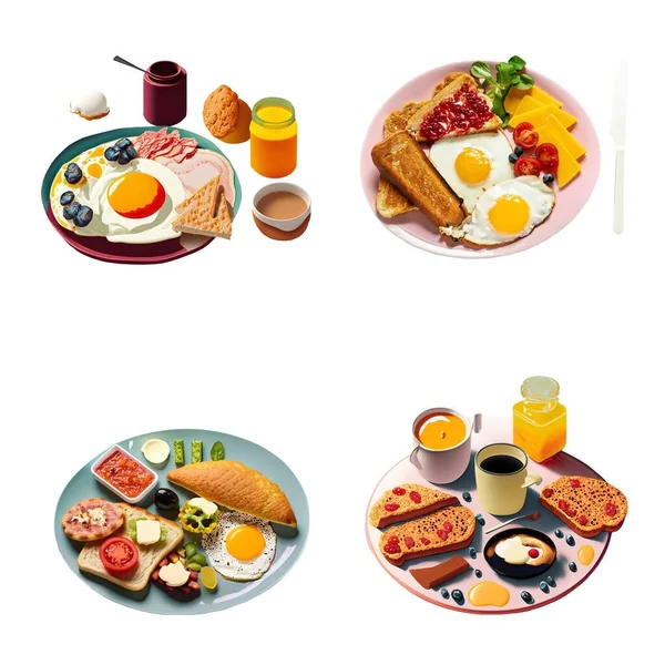 Coffret Petit Déjeuner Avec Œufs Frits Pain Grillé Café Confiture — Image vectorielle