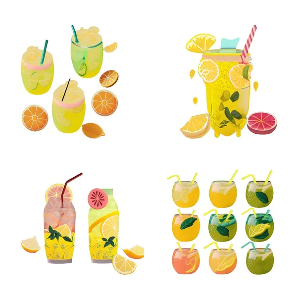 Cocktails Set Lemonade Orange Lime Mint Ice Vector Illustration — Stock Vector