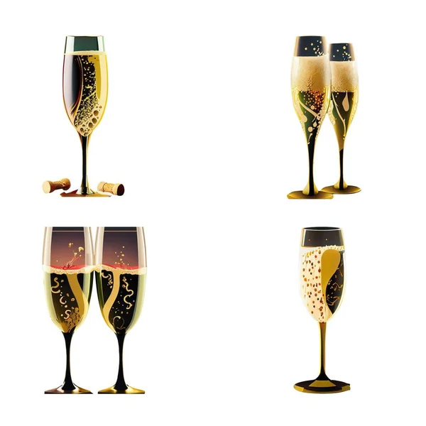 Illustration Einer Reihe Von Gläsern Champagner Mit Einem Korken — Stockvektor