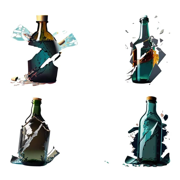 Set Bottiglie Vetro Rotto Con Spruzzi Isolati Sfondo Bianco — Vettoriale Stock