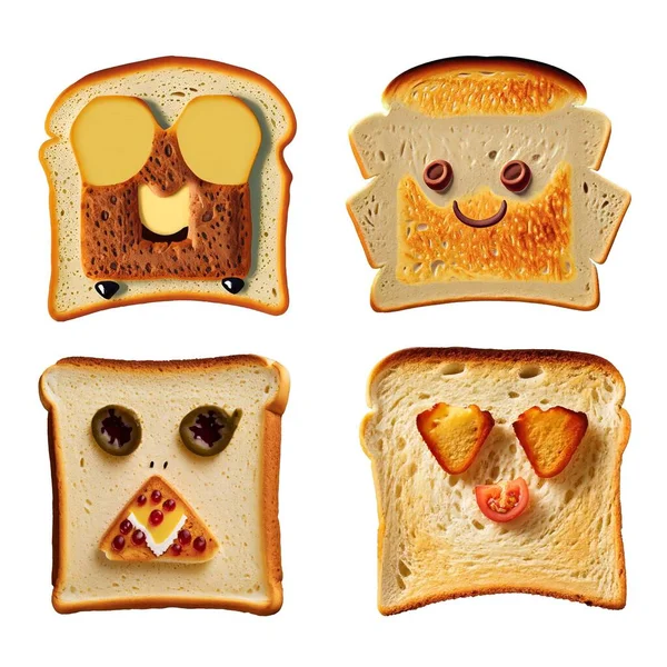 Set Van Grappige Cartoon Toast Broodfiguren Geïsoleerd Witte Achtergrond — Stockvector