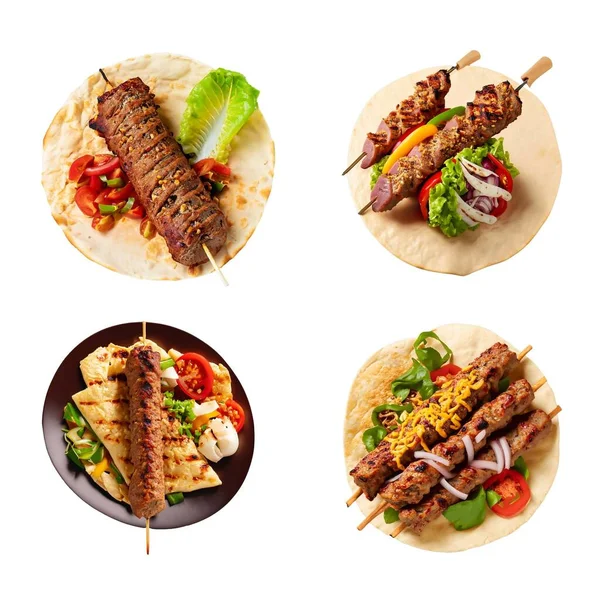 Set Kebab Pada Tusuk Sate Terisolasi Pada Latar Belakang Putih - Stok Vektor