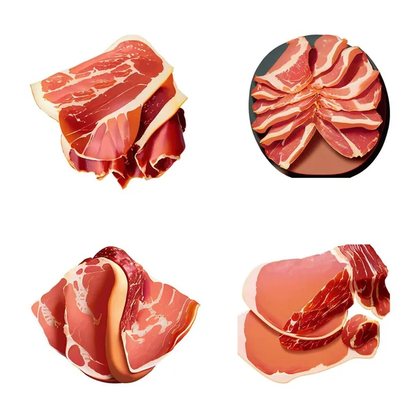 Ensemble Morceaux Bacon Jamon Isolé Sur Fond Blanc — Image vectorielle