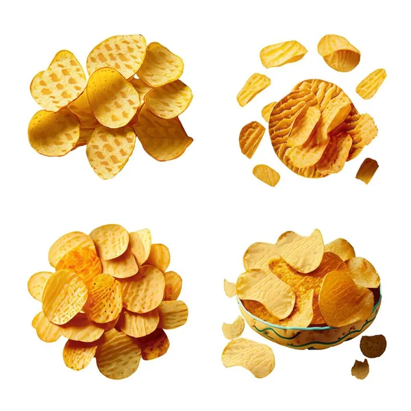 Set Potato Chips Bowl Isolated White Background Top View — Stock Vector