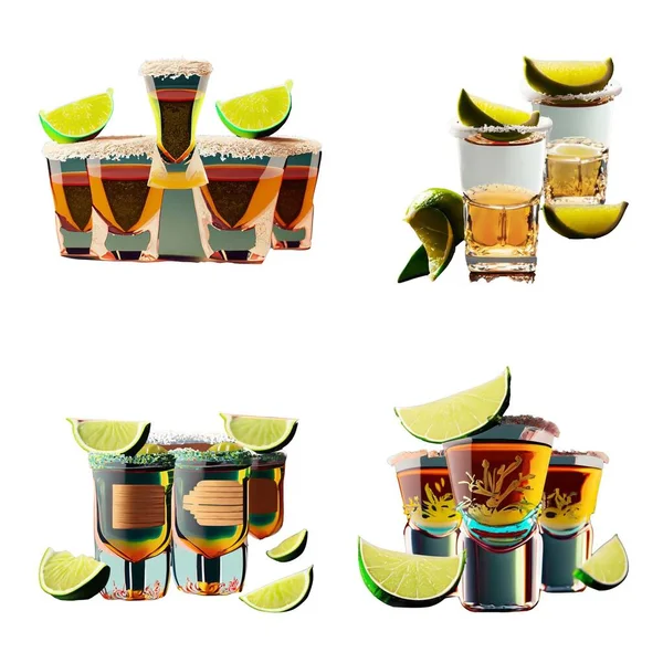 Conjunto Fotos Tequila Com Limão Sal Isolado Fundo Branco —  Vetores de Stock