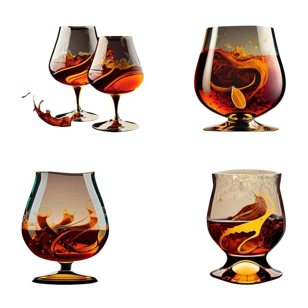 Set Tres Vasos Coñac Brandy Con Hielo — Archivo Imágenes Vectoriales