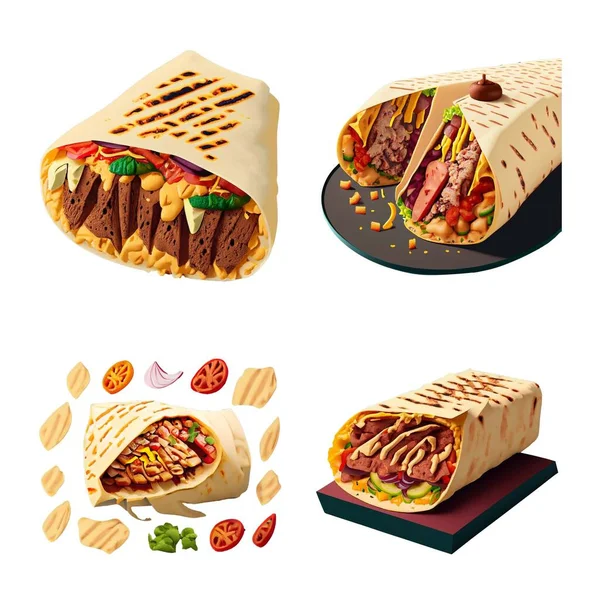 Shawarma Avec Viande Légumes Fromage Sauce — Image vectorielle