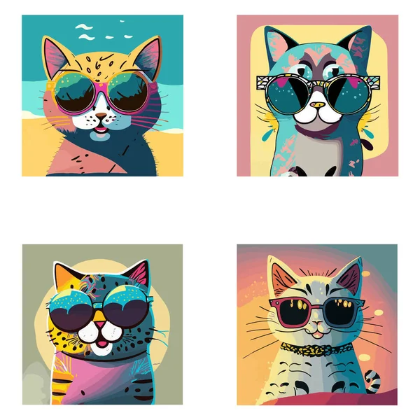 Abstrakt Illustration Med Tecknad Söt Katt Med Solglasögon Shirt Design — Stock vektor