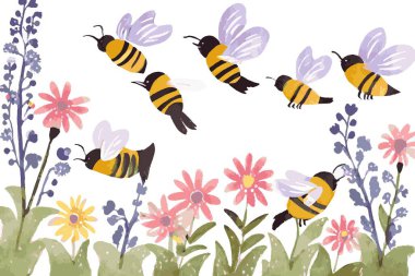 El yapımı suluboya, arılar ve çiçeklerle kusursuz desen. Vektör illüstrasyonu