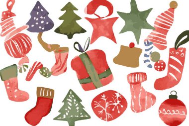 Beyaz arka planda suluboya noel unsurları. El çizimi illüstrasyon