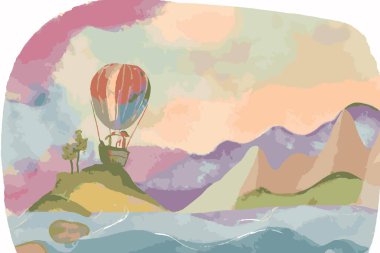 Sıcak hava balonu ve dağlarla suluboya manzara. El çizimi illüstrasyon