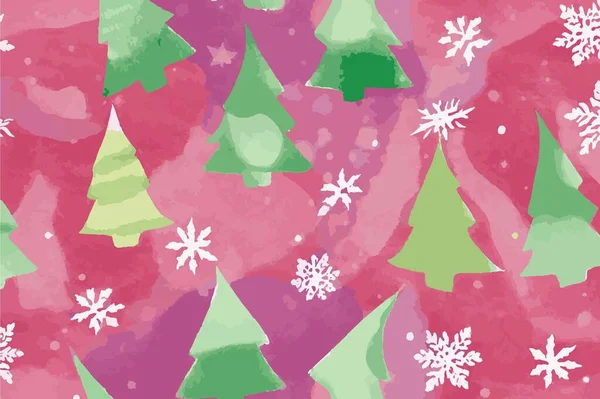 Noel ağacı ve kar taneleriyle kusursuz suluboya deseni
