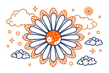 Bulut şeklinde beyaz taç yaprakları ve kabarcıklı merkezleri olan papatya gibi çiçekler.