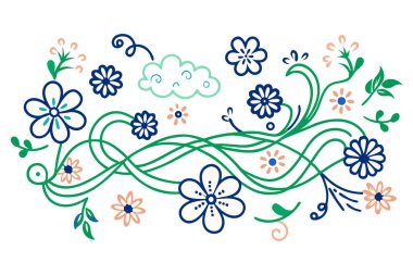 Bulut benzeri kurdele kıvrımlarından yapılmış çiçekler yapraklar gibi birbirine dokuyor.