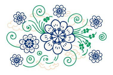 Yapraklı çiçekler sarmal bulut kıvrımlarından oluşur ve yumuşak noktalara konur.