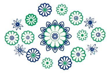 Parçalanmış taç yaprakları yuvarlak, kıvrımlı kenarlı soyut çiçek halkaları oluşturuyor.