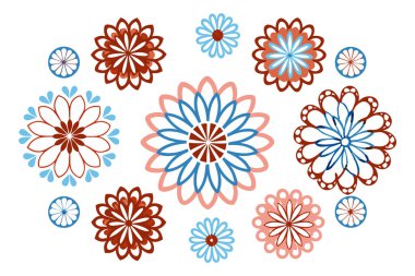 Parçalanmış taç yaprakları yuvarlak, kıvrımlı kenarlı soyut çiçek halkaları oluşturuyor.