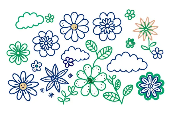 Sürekli bulut şeklindeki çizgilerle elde çizilmiş çiçekler.