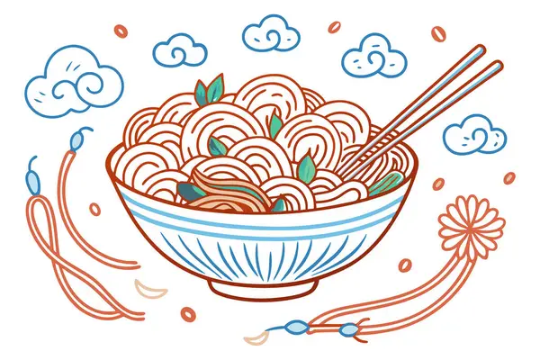 Erişteler yuvarlak sebzelerle dolu bir kasede dalgalı, kıvrımlı bulut iplikleri gibi çiziliyor.