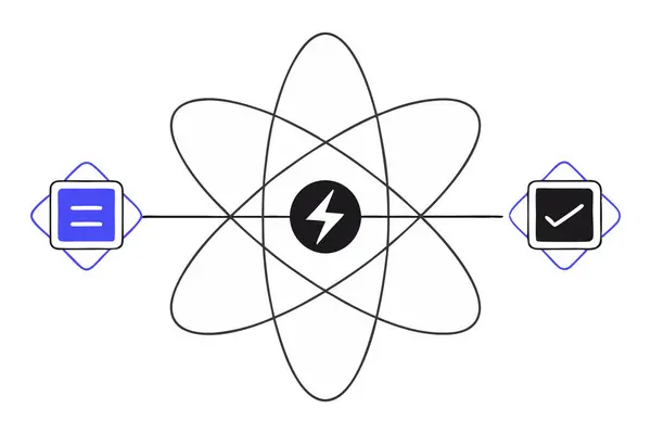 İş kararlarının biçimlendirilmiş atom şeklindeki akış şemasında seçenekler arasında gidip gelen elektronlar