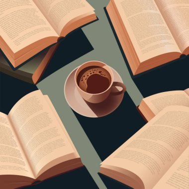Masanın üzerinde açık kitaplarla dolu bir fincan kahve. Sıcak espresso, kütüphanede sıcak bir kahve molası. Güzel kompozisyon, vektör çizimi. Klasik kahve ve kitap festivali.