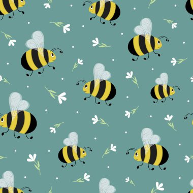 Tatlı çizgi film uçan yaban arıları ve beyaz çiçeklerin kusursuz deseni. Düz vektör çizimi. Yaz doğası