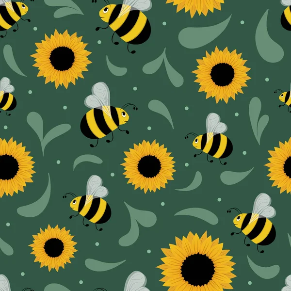 暗い緑の背景にかわいい漫画のバンブルビー ひまわり 葉やポルカドットとシームレスなパターン 夏の自然 可愛い蜂のキャラクター — ストックベクタ