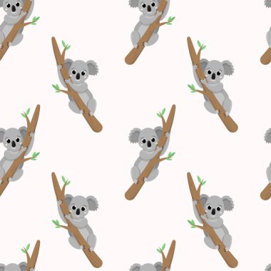 Ağaca tırmanan şirin bir bebek koalayla kusursuz bir desen. Sevimli hayvan çizgi film karakteri. Kumaş veya tekstil baskısı sanatı. Düz vektör illüstrasyonu