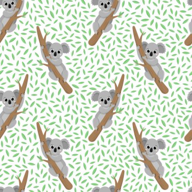 Ağaca tırmanan sevimli koala karakterli ve yeşil yapraklı kusursuz bir desen. Mutlu hayvan, düz vektör çizimi