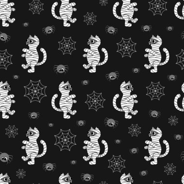 Şirin örümcekler, ağ ve Cadılar Bayramı gecesi mumya kostümü giymiş sevimli kediler. Çizgi film kedisi karakter sanatı. Düz vektör illüstrasyonu.