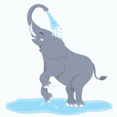 Şirin fil bir su birikintisinde zıplar ve dans eder ve üzerine su döker. Oyuncu ve neşeli bebek hayvan, kawaii çizgi film karakteri, düz vektör sanatı..