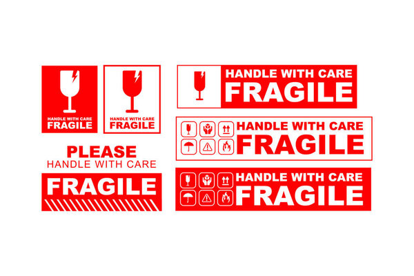 Fragile Shipping Labels Set of packaging symbols, FCC, ROHS, tableware, plastic, fragile symbols, cardboard symbols