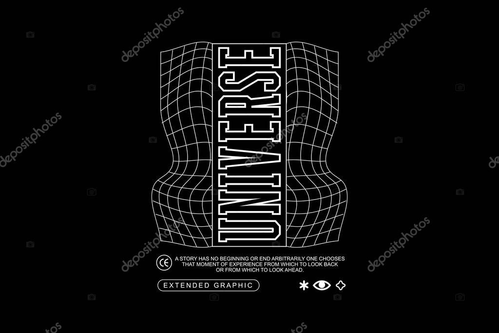 Futuristic design with white and black lines and stars on black background. t - shirt design print.